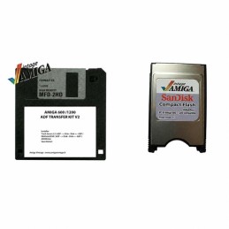 Kit de transfert PCMCIA pour Amiga 600 et 1200 – adaptateur et disquette sur fond blanc